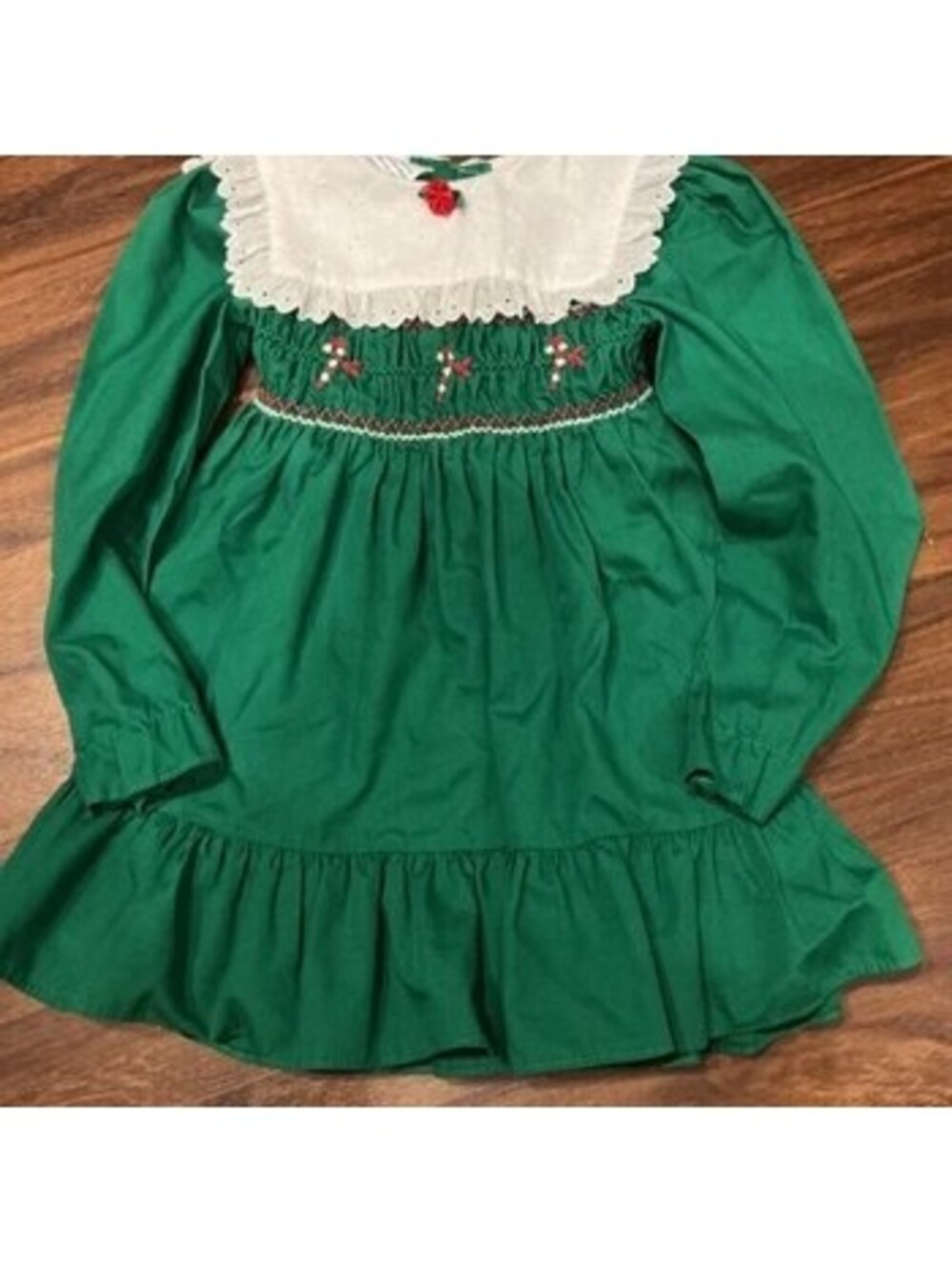 Vintage 80’s Polly Flinders Size 4 Christmas Green Candy Cane Smocked Dress